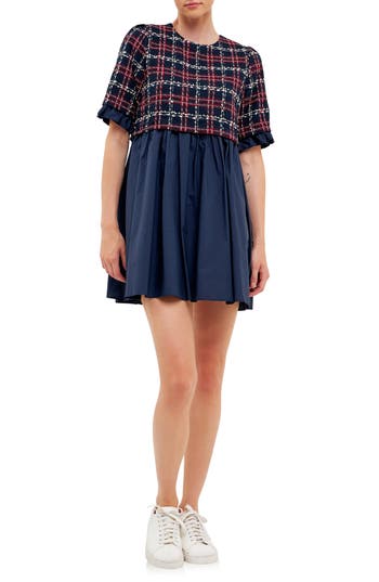English Factory Pleated Tweed & Poplin Minidress In Navy