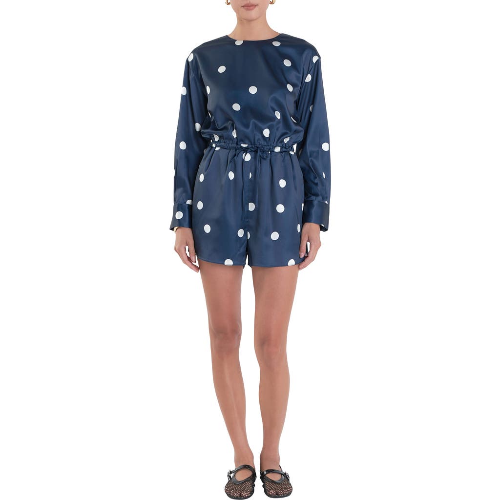 English Factory Polka Dot Long Sleeve Satin Romper In Dark Navy/off White