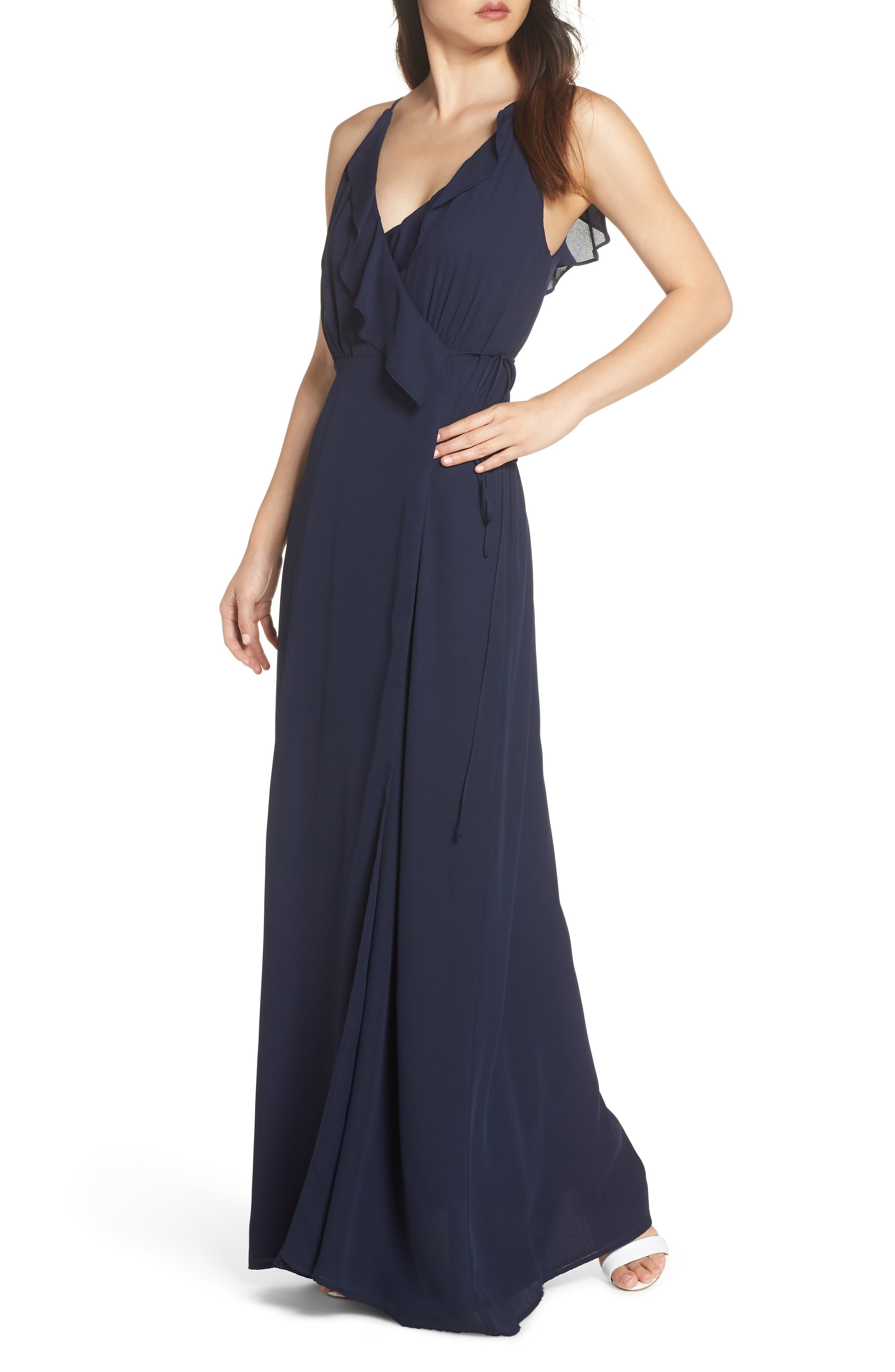 Wayf Jamie Ruffle Wrap Gown, Blue