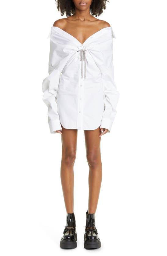 ALEXANDER WANG ATHENA CRYSTAL TIE OFF THE SHOULDER LONG SLEEVE COTTON SHIRTDRESS