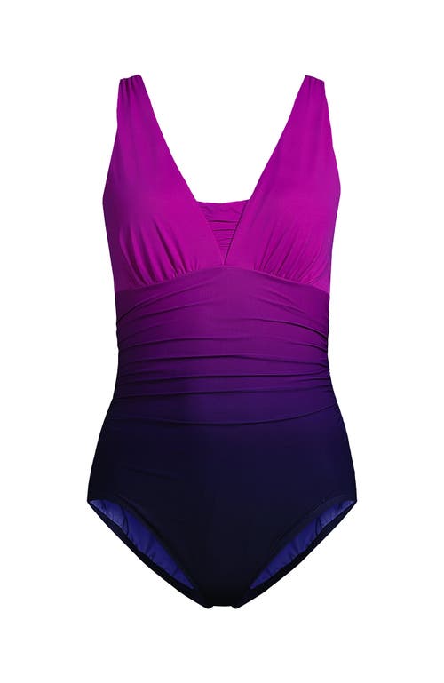 Shop Lands' End Long Slender Grecian Tummy Control Chlorine Resistant One Piece Swimsuit In Violet Rose/navy Ombre