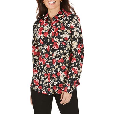 Petite Foxcroft Ava Festive Floral Wrinkle-Free Shirt, Red