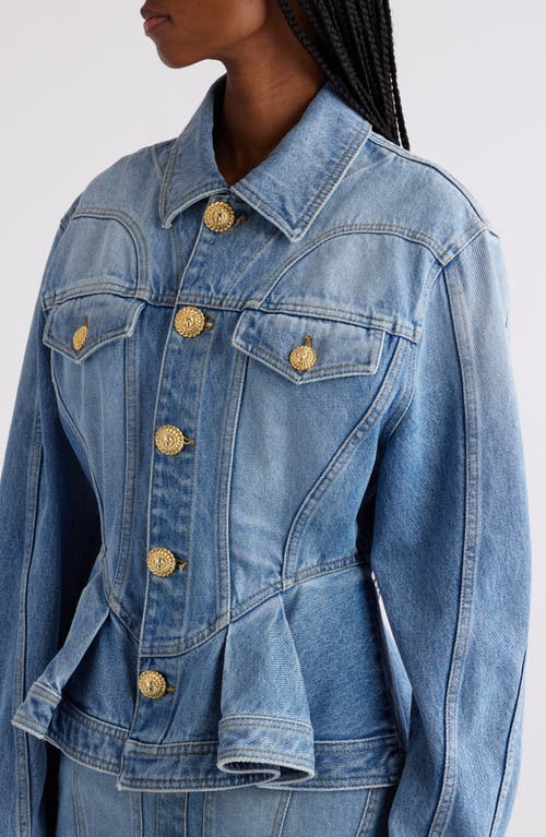 Shop Balmain Peplum Denim Jacket In China Blue