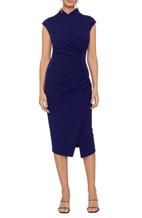 Betsy & Adam Ruched Cocktail Midi Dress in Night