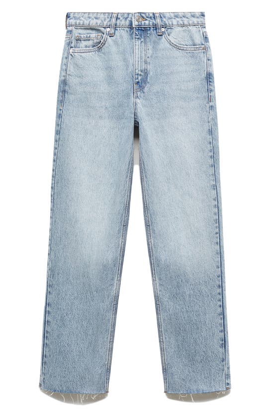 Shop Mango Raw Hem Mid Rise Crop Straight Leg Jeans In Medium Blue