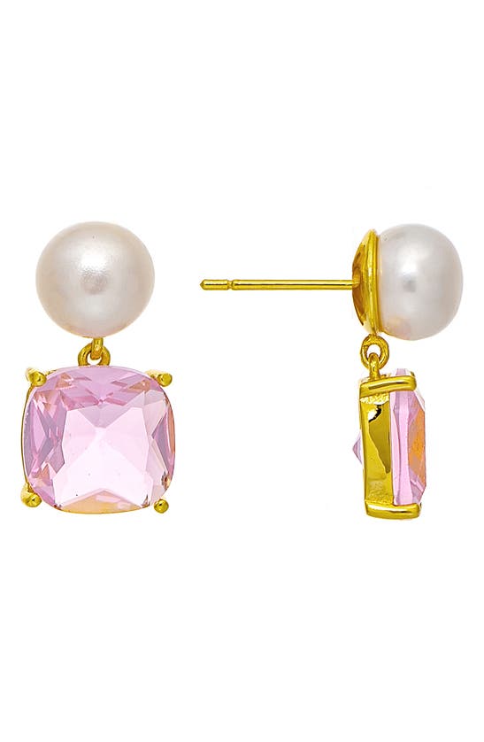 Rivka Friedman Pearl And Pink Crystal Drop Earring In 18k Gold Clad/ Pink Cz/ Pearl