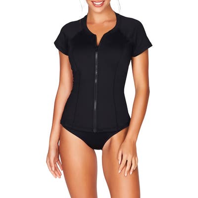 Sea Level Zip-Up Short Sleeve Rashguard Top, Black