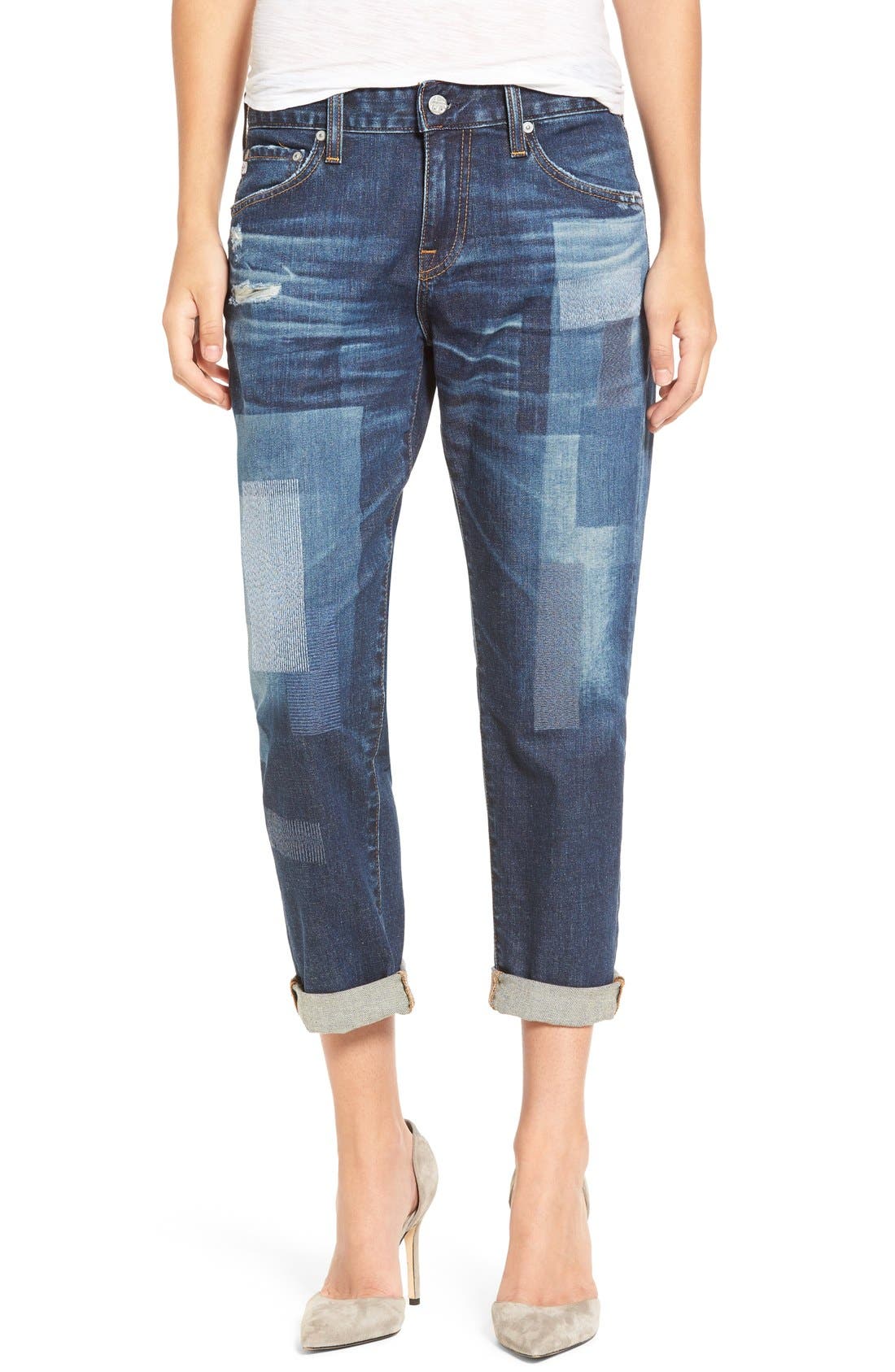 AG The ExBoyfriend Distressed Patchwork Slim Jeans (10 Years Dimension