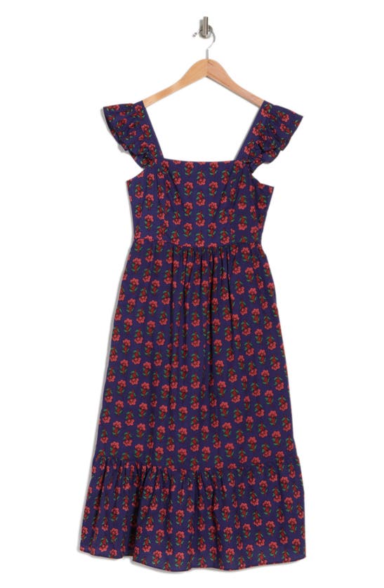 Maisie Flutter Sleeve Midi Dress In Blue/ Red