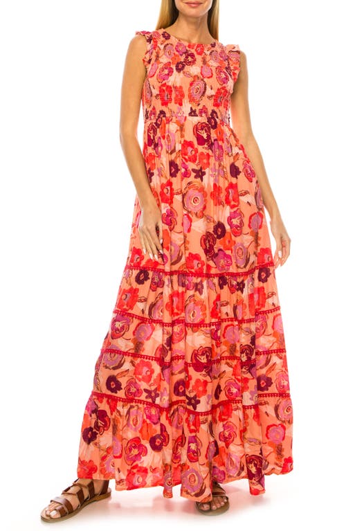 Floral Print Smocked Tiered Maxi Dress in Coral Almond