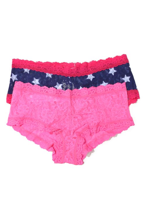 Hanky Panky Lace Trim Print & Solid Boyshort Panties - Pack of 2 in All Over Stars/Ticp 