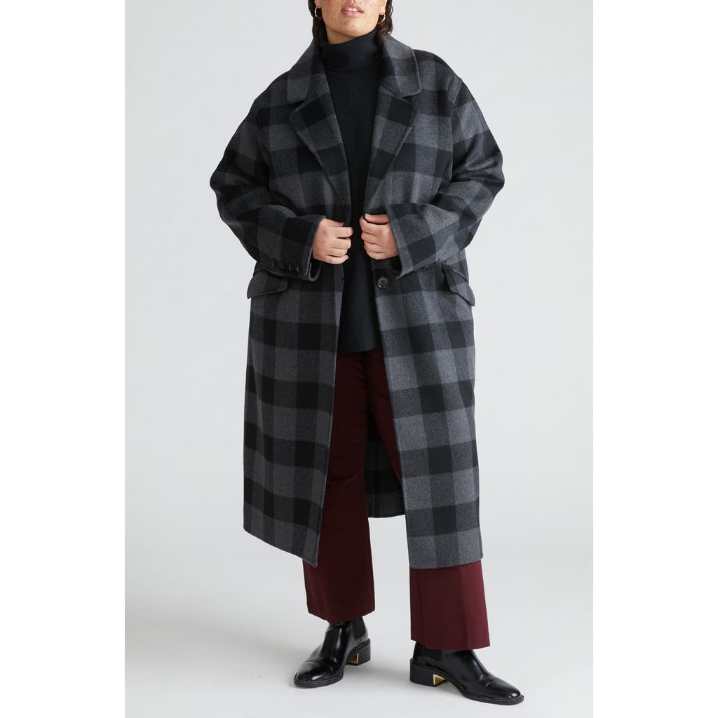 Universal Standard Belted Wool Blend Double Face Long Coat In Black/grey Plaid