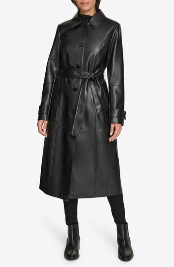Calvin Klein Women's Belted Faux-leather Trench Coat In Black