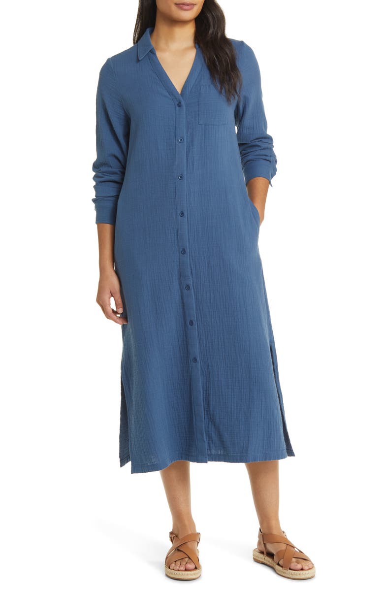 Caslon® Cotton Gauze Long Sleeve Midi Shirtdress | Nordstrom