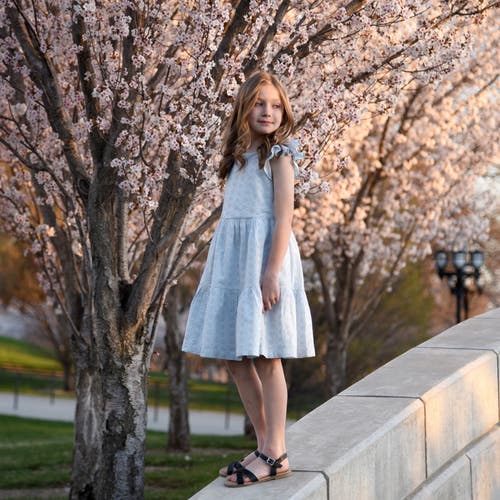 Shop Hope & Henry Girls' Organic Tiered Eyelet Dress, Kids In Pale Blue Eyelet