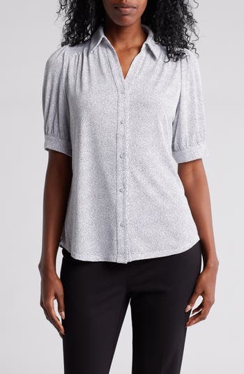 Adrianna Papell Dot Print Button-up Shirt In Gray