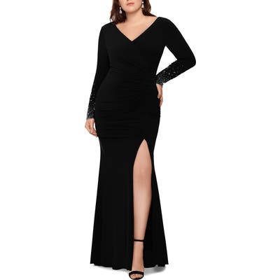 Plus Size Xscape Embellished Long Sleeve Ruched Gown, Black
