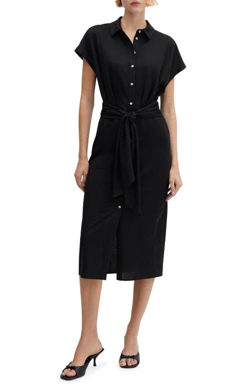 MANGO Knot Detail Midi Shirtdress Black at Nordstrom,