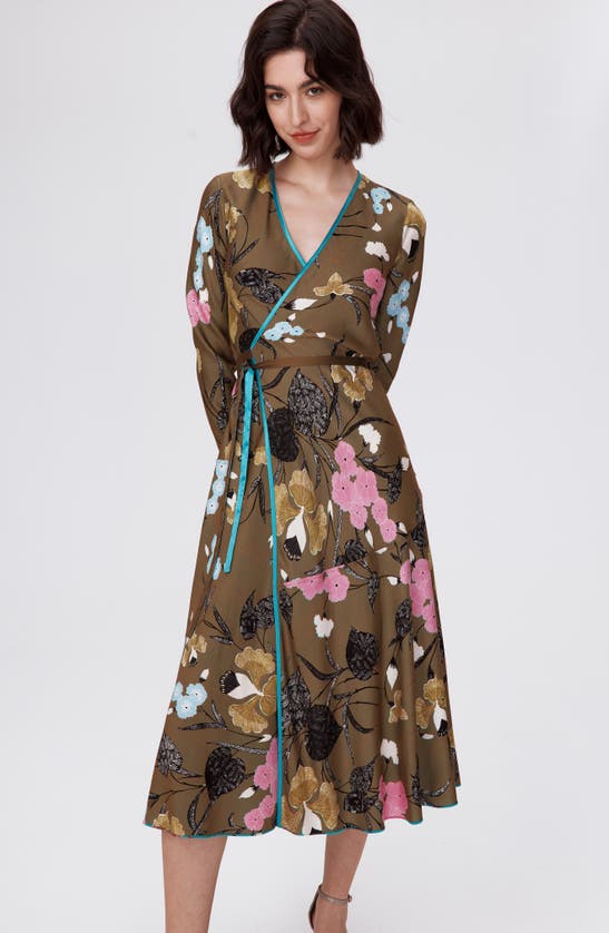 Shop Dvf Anika Long Sleeve Reversible Wrap Dress In Festival Floral Teal/ Olive