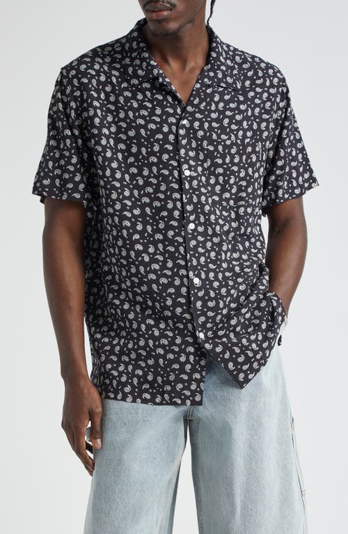 Sadie Hawkins Relaxed Fit Paisley Short Sleeve Button-Up Shirt in Navy/Off White
