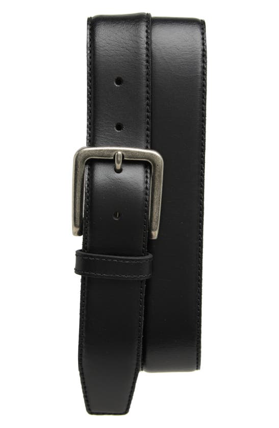 Frye 35mm Stitched Feather Edge Leather Belt In Black / Antique Nickel