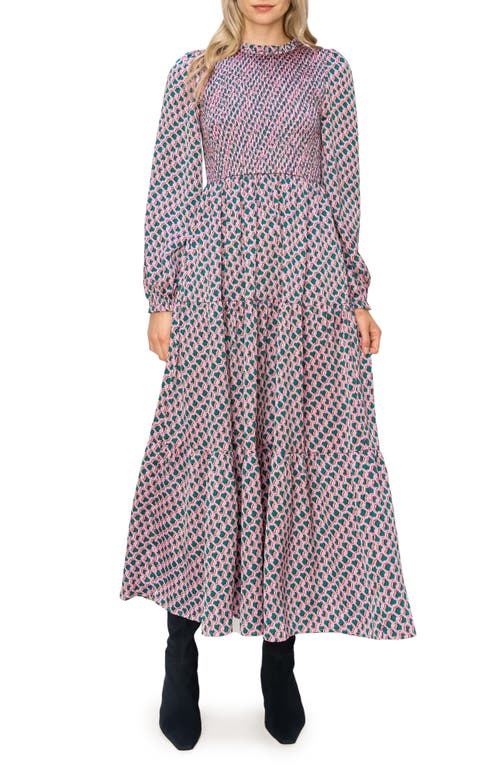 Floral Long Sleeve Smocked Maxi Dress in Pink Multi