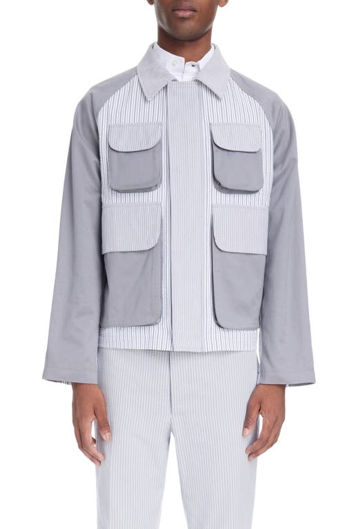 Thom Browne Relaxed Stripe Crop Cotton Field Jacket Silver at Nordstrom,