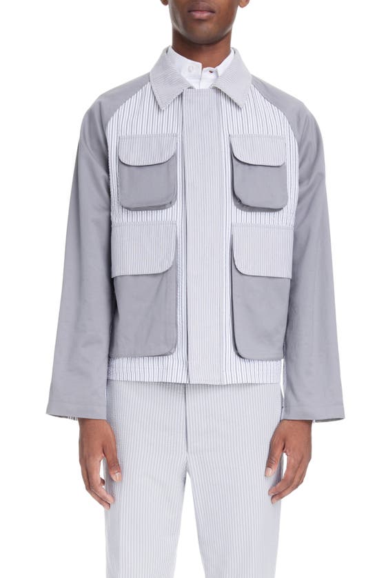 Thom Browne Relaxed Stripe Crop Cotton Field Jacket In Silver