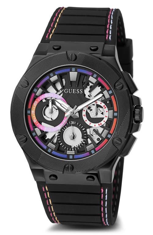 GUESS Ombré Multifunction Silicone Strap Watch, 44mm in Black/black/black at Nordstrom