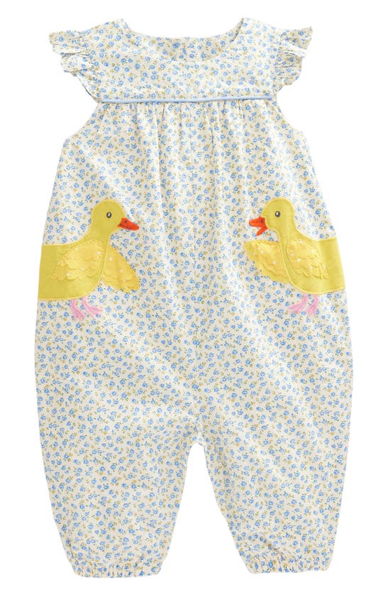 Mini Boden Babies' Floral Appliqué Cotton Ruffle Shoulder Romper In Pale Blue Tiny Rose Chicks