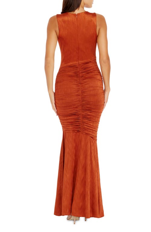 Shop Dress The Population Violetta Ruched Sleeveless Gown In Burnt Orange