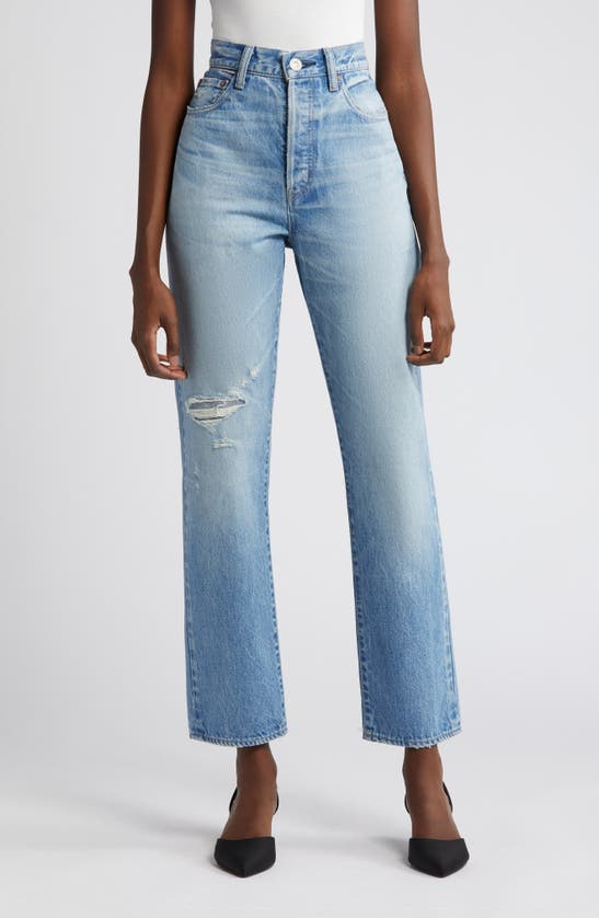 Shop Moussy Cliffdale Ripped High Waist Straight Leg Jeans In Light Blue