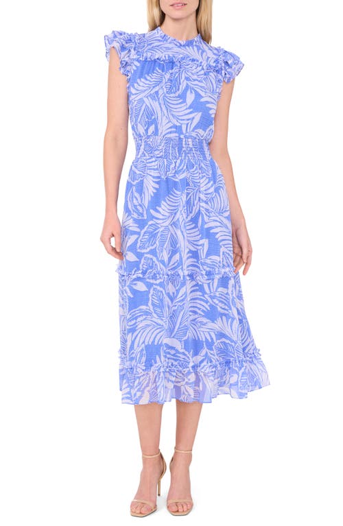 Cece Palm Print Smocked Ruffle Midi Dress In Blue