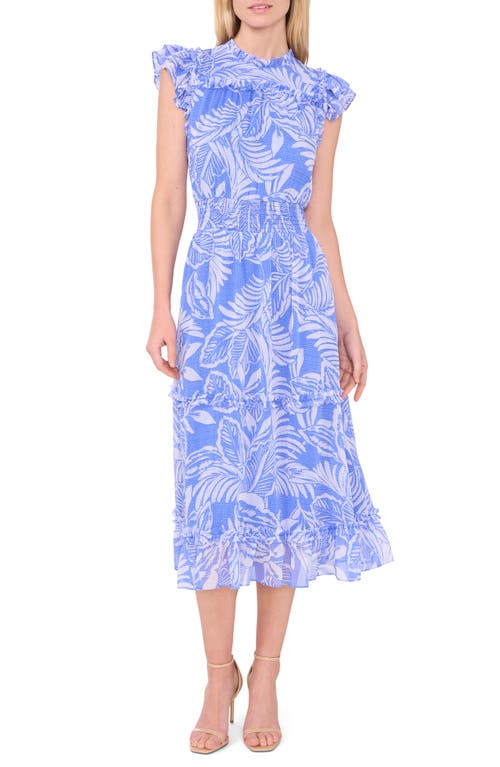 Shop Cece Palm Print Smocked Ruffle Midi Dress In Tropic Night Blue