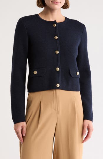 Bruno Magli Crewneck Merino Wool Cardigan In Navy