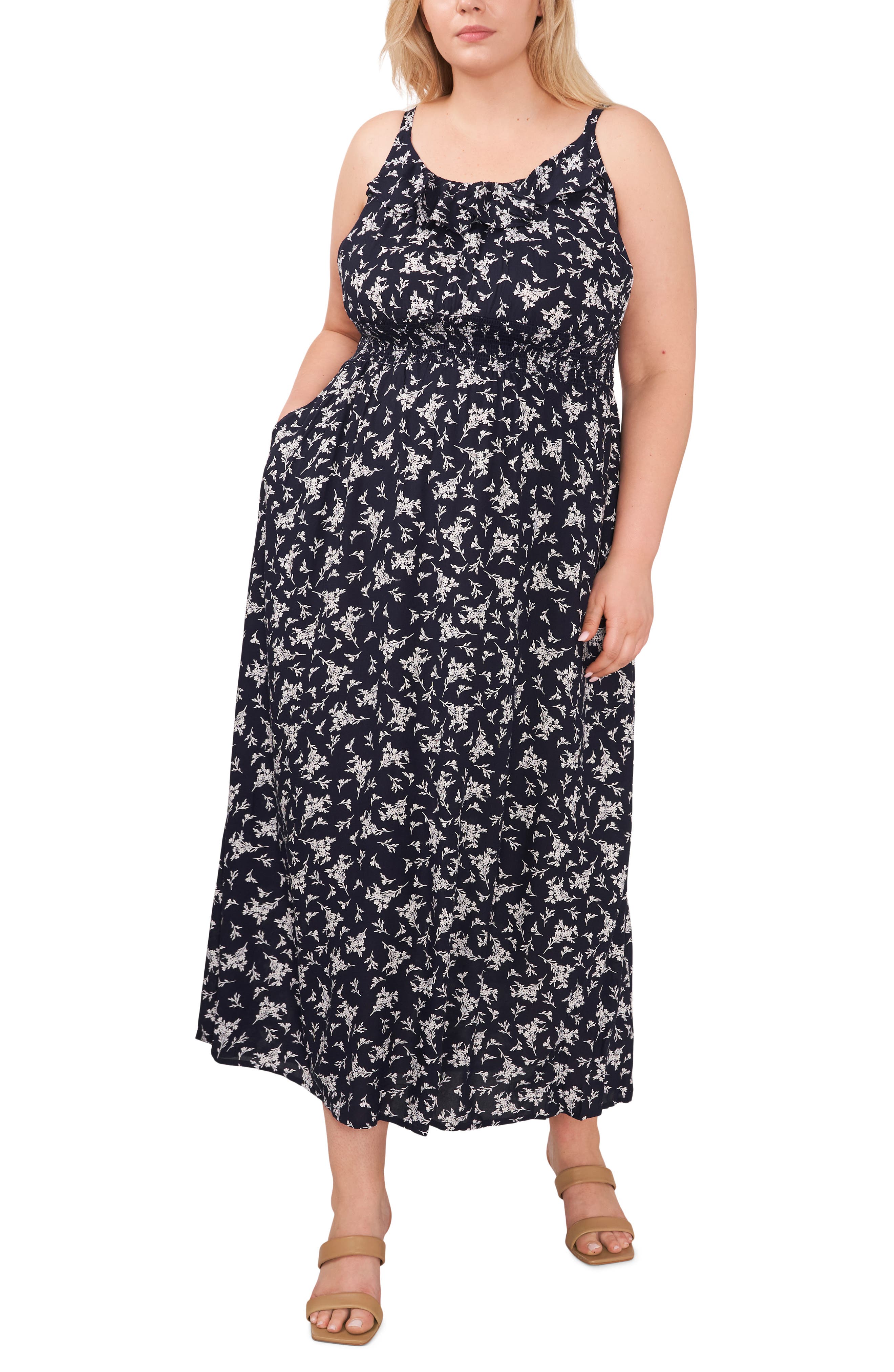 Smocked Waist Maxi Dress In Navy | ModeSens