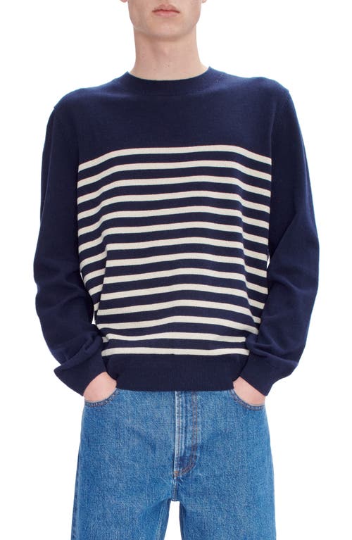 A.P.C. Pull Matthew Stripe Recycled Cashmere & Cotton Crewneck Sweater in Tiq Dark Navy/Ecru 