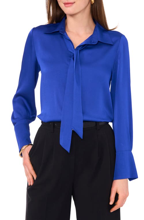 Shop Vince Camuto Tie Neck Satin Button-up Shirt In Sapphire Blue