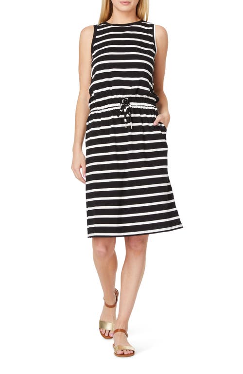C & C California Ira Sleeveless Cotton Blend Drawstring Belt Dress in Black White Yd Stripe