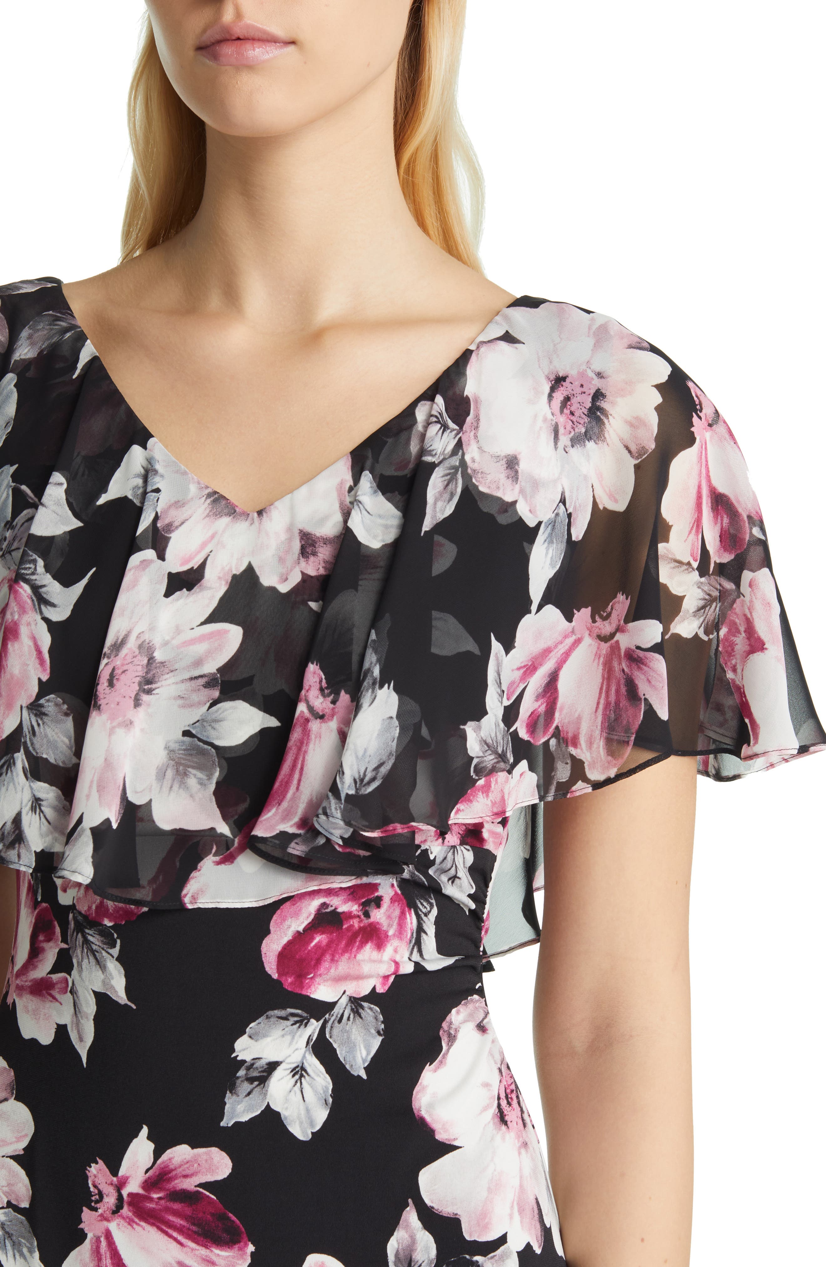 Connected Apparel Floral Print Ruffle Chiffon Dress Nordstrom
