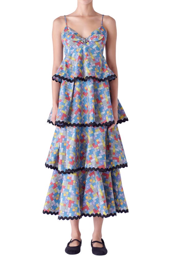 Shop English Factory Grid Print Tiered Maxi Dress In Blue Multi