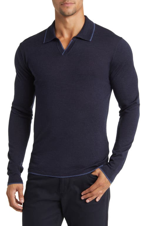 Hollow Wood Open Collar Wool Polo Sweater in Navy