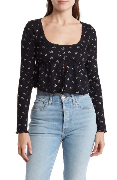 Long Sleeve Button Front Crop Top
