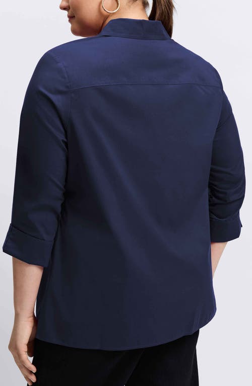 Shop Foxcroft Evelyn Three-quarter Sleeve Button-up Shirt In Navy