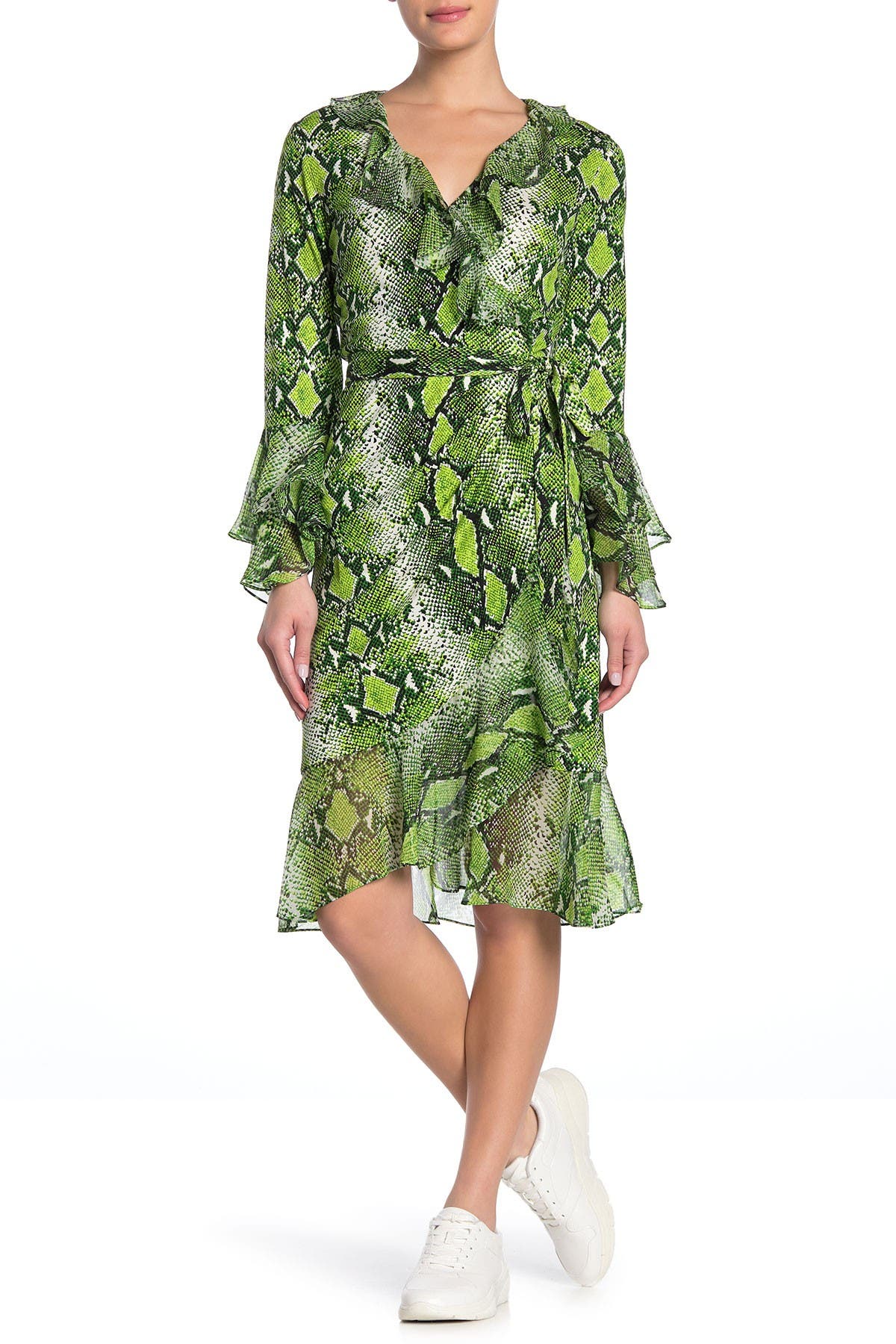 green snake print wrap dress