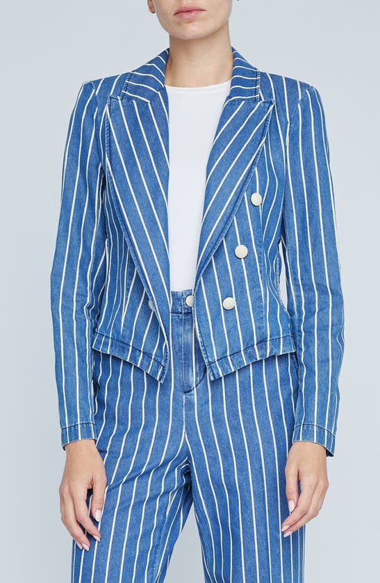 L Agence Wayne Stripe Double Breasted Crop Denim Jacket In Blue