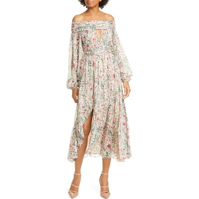 Amur Daria Floral Off The Shoulder Long Sleeve Silk Midi Dress, Pink