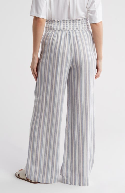 Shop Ellen Tracy Stripe Smocked Waist Wide Leg Linen Blend Pants In Blue/tan Stripe
