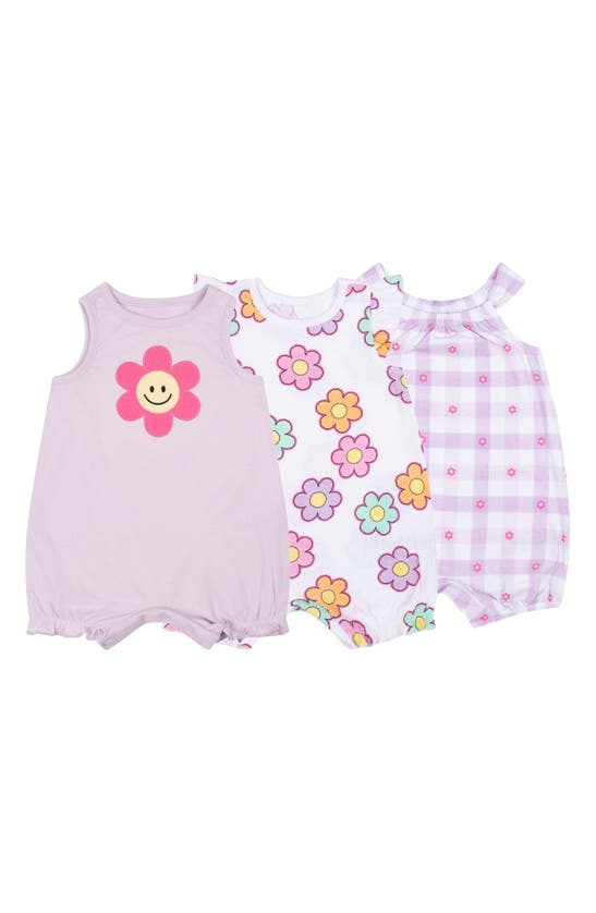 Shop Petit Lem Assorted Print 3-pack Rompers In Light Purle Smiley
