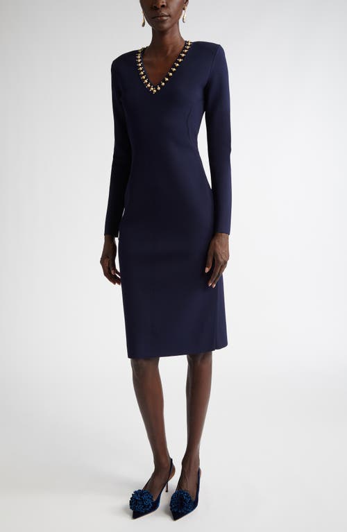 St. John Collection Suspended Pavé Long Sleeve Milano Knit Dress in Navy 